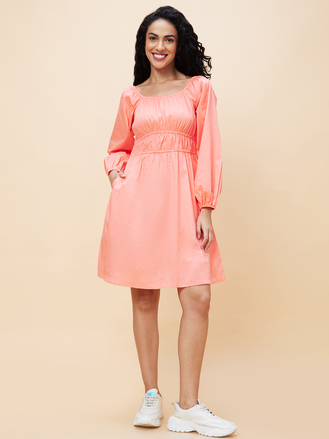 Globus Women Peach Solid Square Neck Casual Fit And Flare Dress