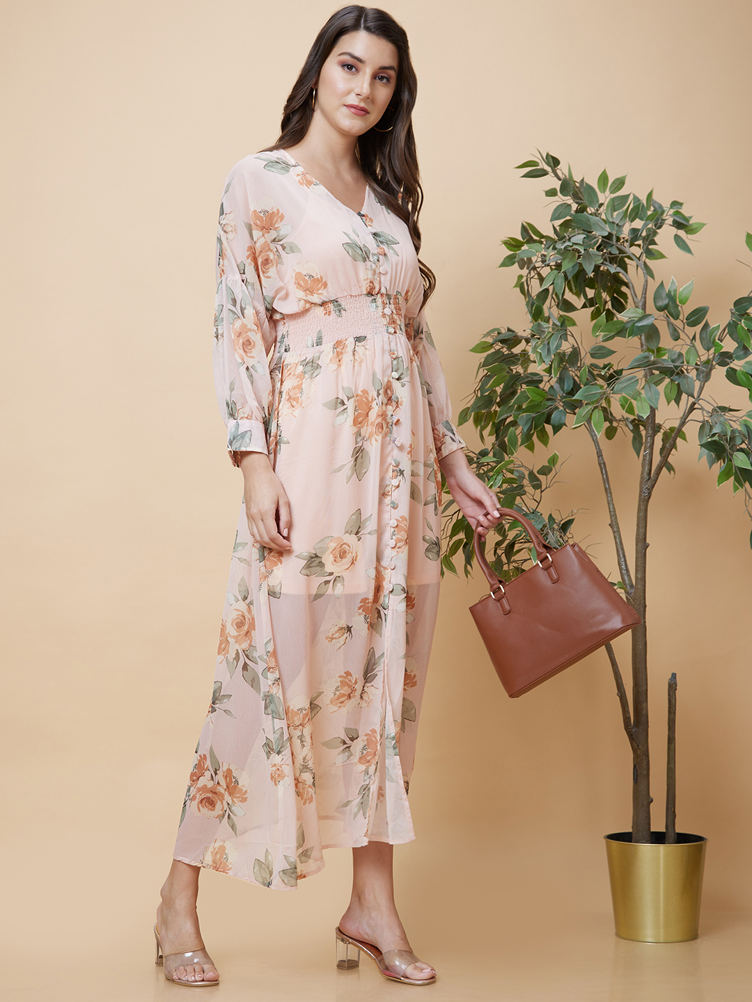 Globus Women Peach Printed Casual Fit And Flare Dress