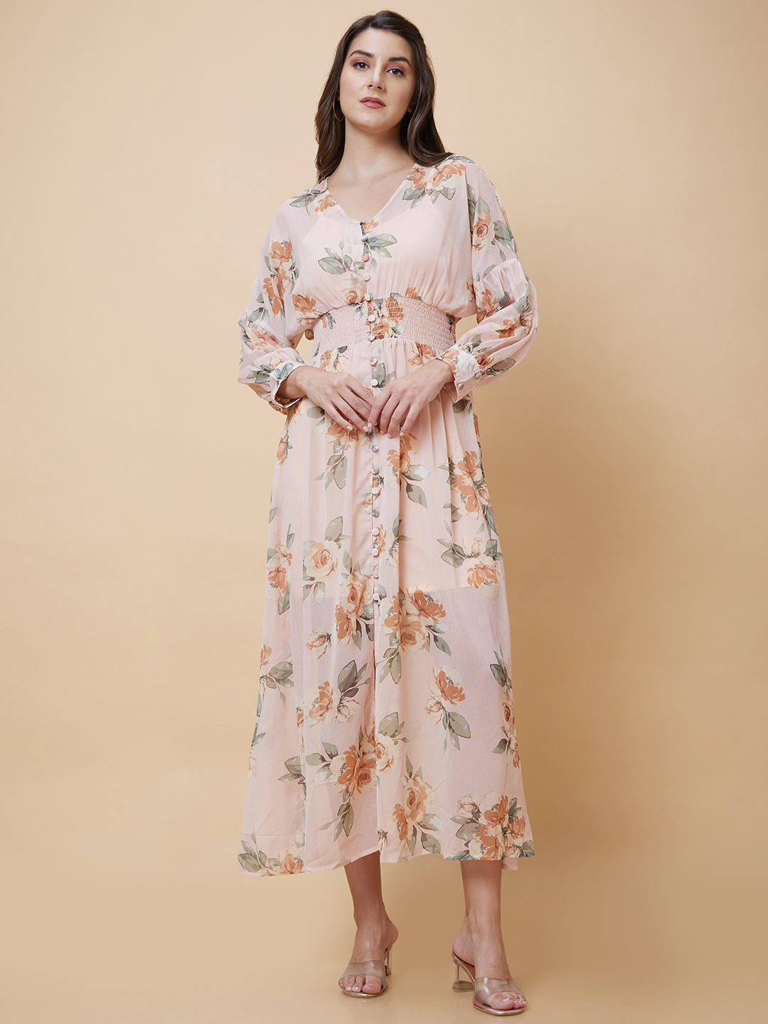 Globus Women Peach Printed Casual Fit And Flare Dress