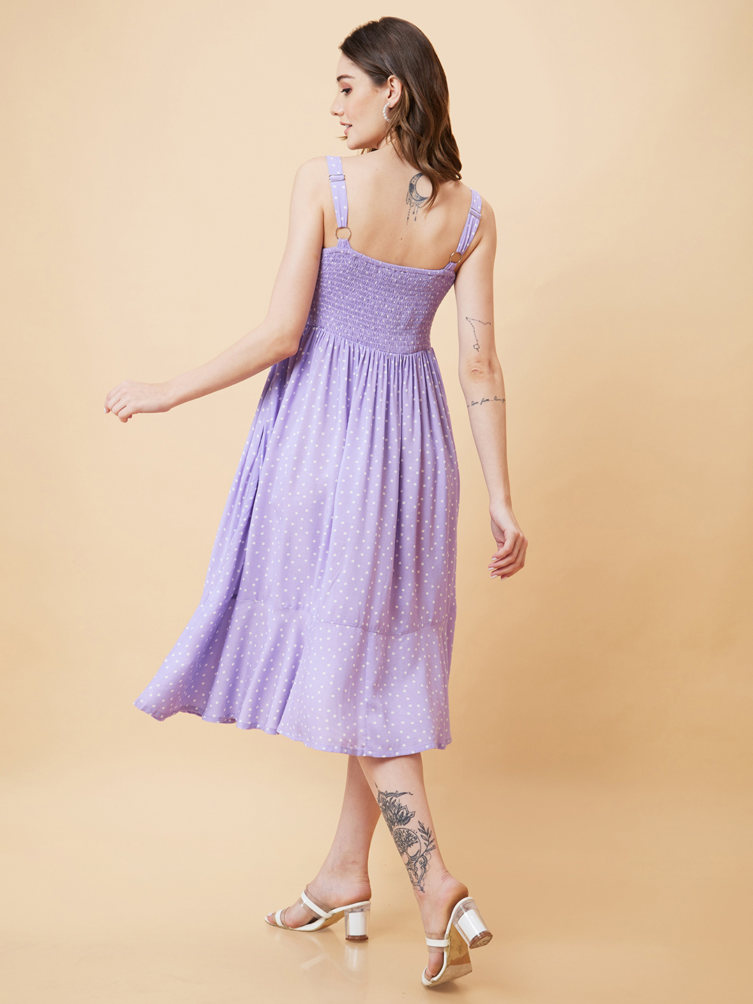 Globus Women Lavender Polka Dobby Print Smocked Fit & Flare Dress