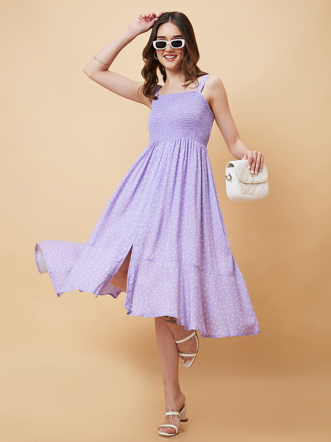 Globus Women Lavender Polka Dobby Print Smocked Fit & Flare Dress