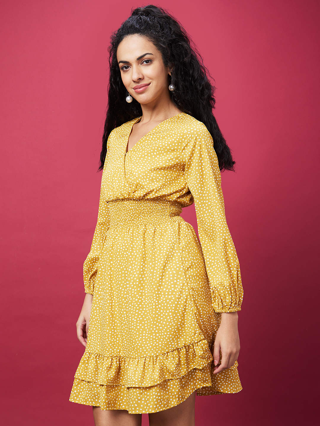 Globus Women Yellow Printed Casual V-Neck A-Line Dress