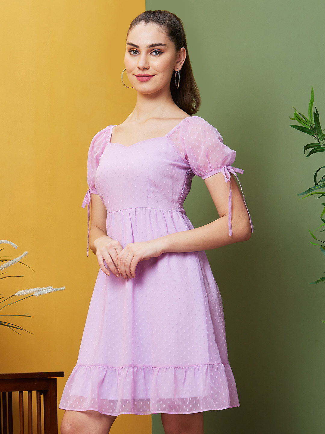 Globus Women Lavender Solid Casual Sweetheart Neck Fit and Flare Dress