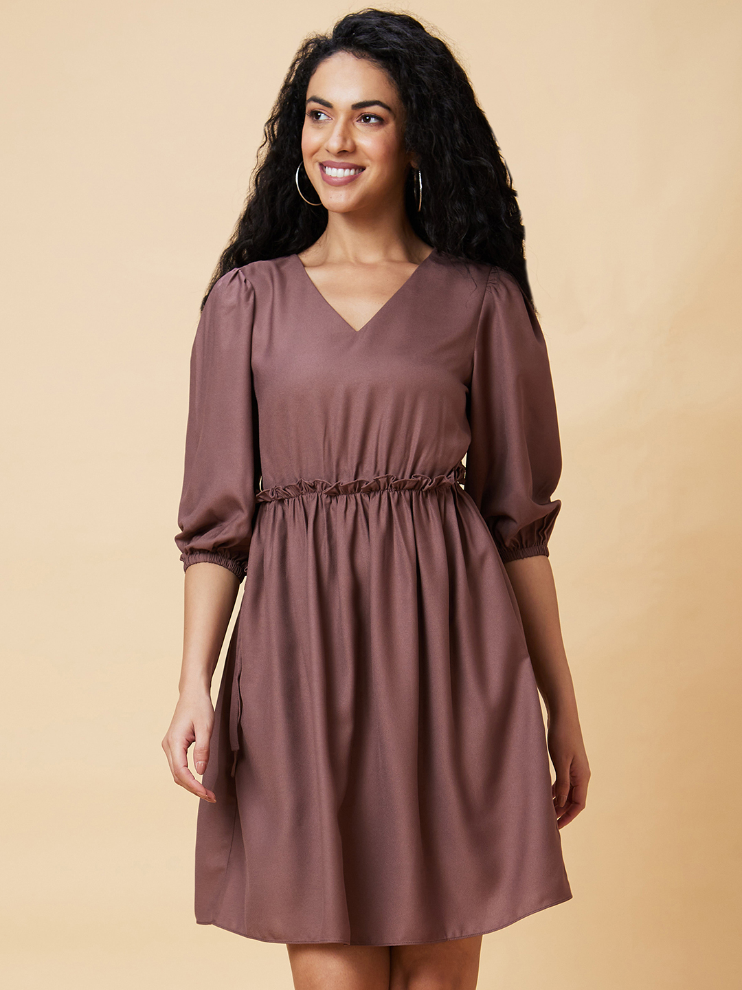 Globus Women Taupe Solid V-Neck Casual A-Line Dress