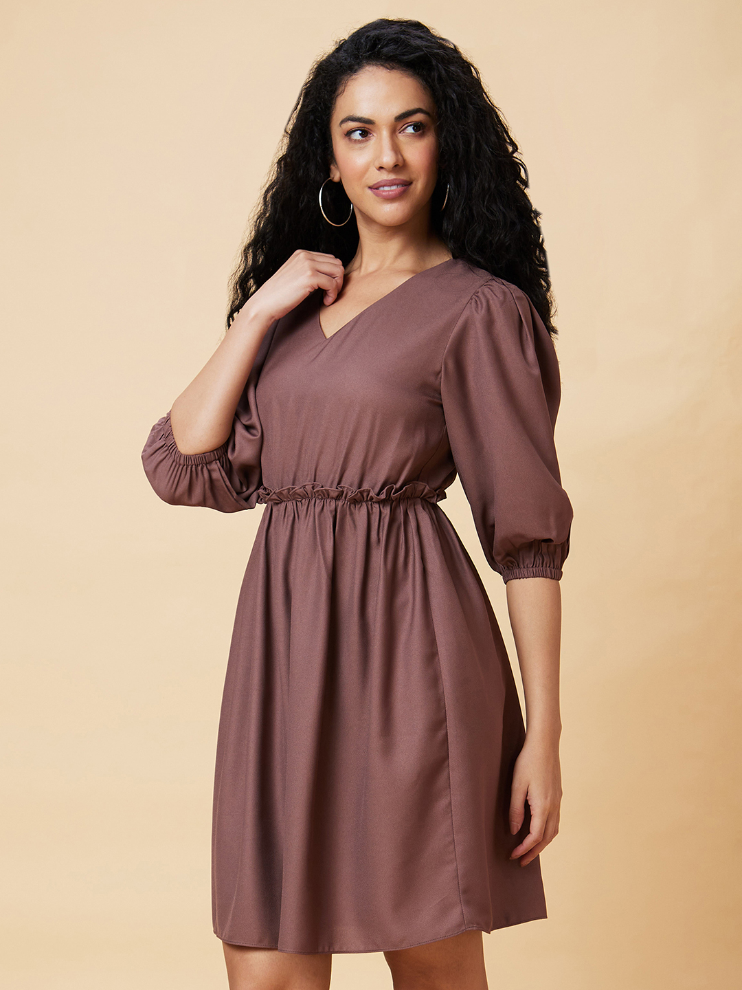 Globus Women Taupe Solid V-Neck Casual A-Line Dress