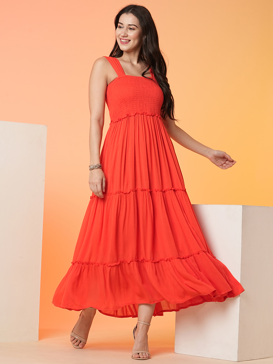 Globus Women Orange Smocked Bodice Tiered Fit & Flare Maxi Dress