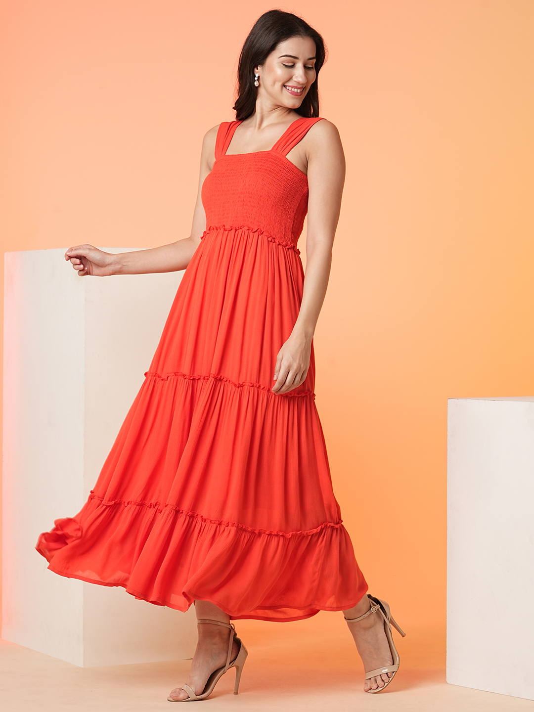 Globus Women Orange Smocked Bodice Tiered Fit & Flare Maxi Dress