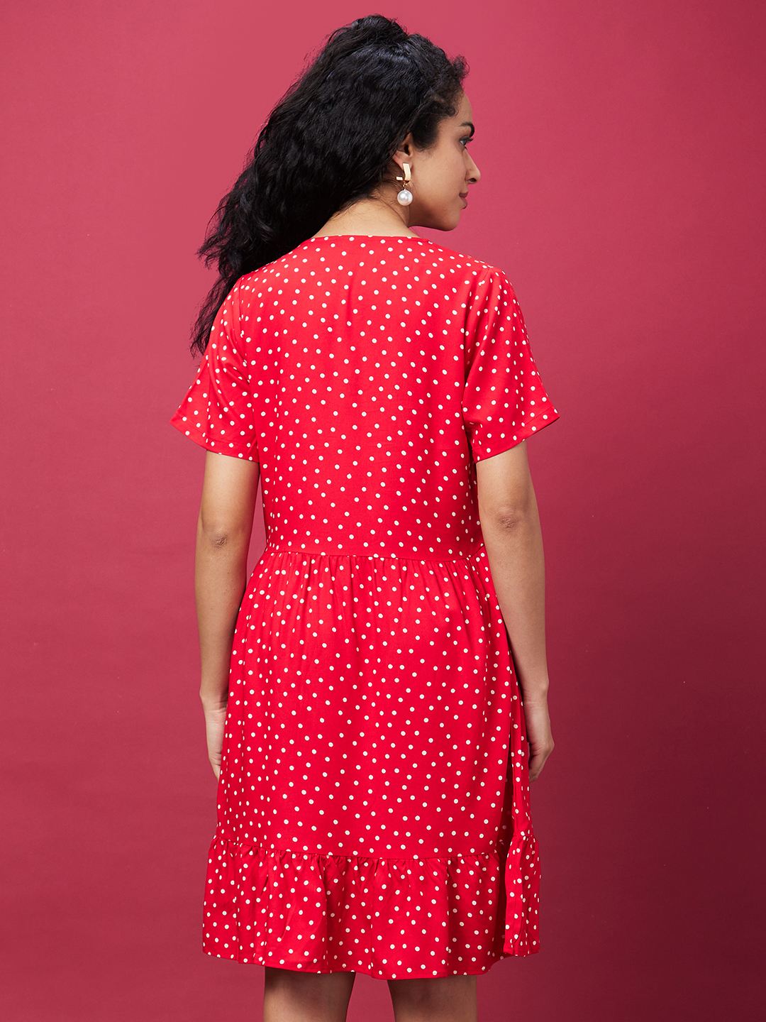 Globus Women Red Printed Casual V-Neck A-Line Dress