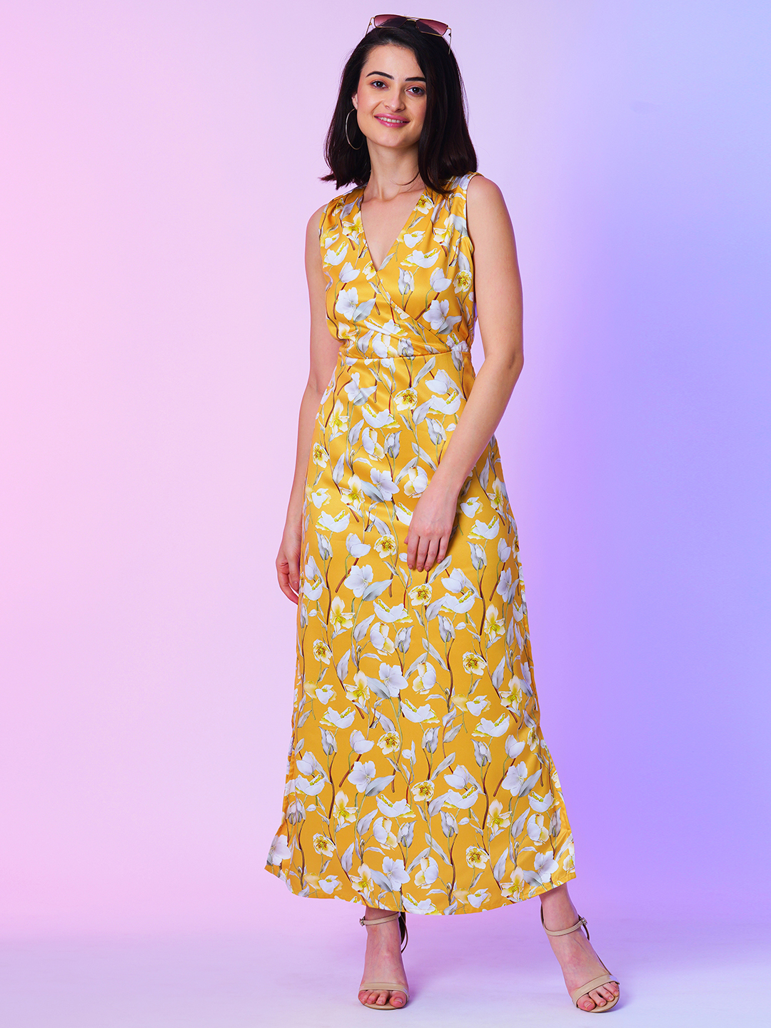 Globus Women Yellow Floral Print Front Wrap A-line Dress