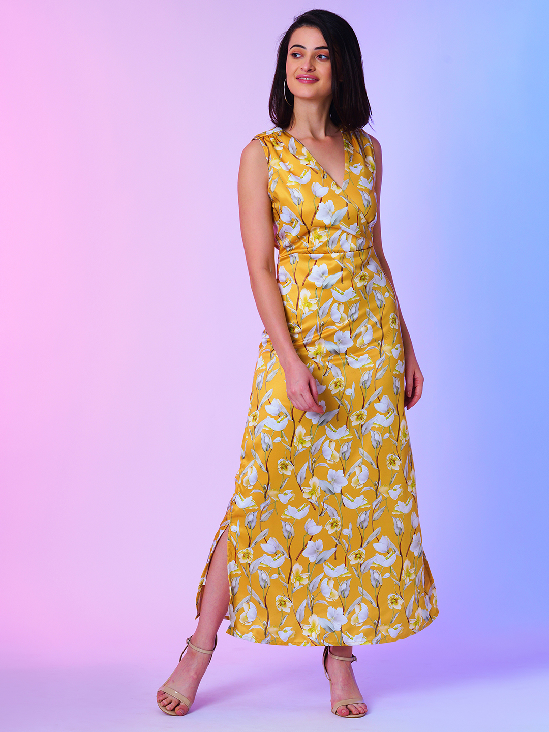 Globus Women Yellow Floral Print Front Wrap A-line Dress