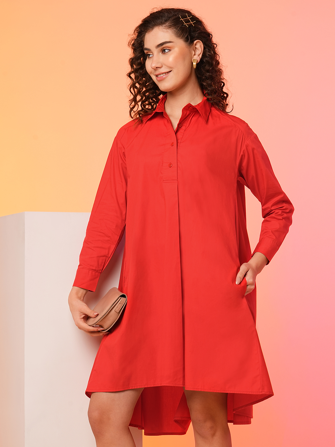 Globus Women Red Asymmetric Loose Fit A-Line Dress
