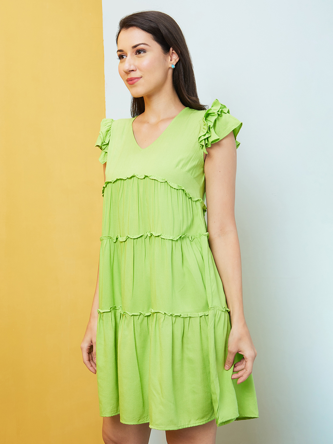 Globus Women Lime Solid Flared Sleeves V-Neck Layered Fit And Flare Casual Dress