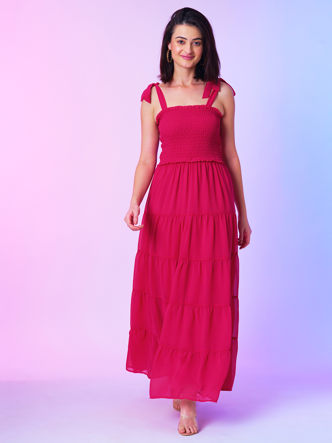 Globus Women Pink Fit & Flare Tie-Up Maxi Dress