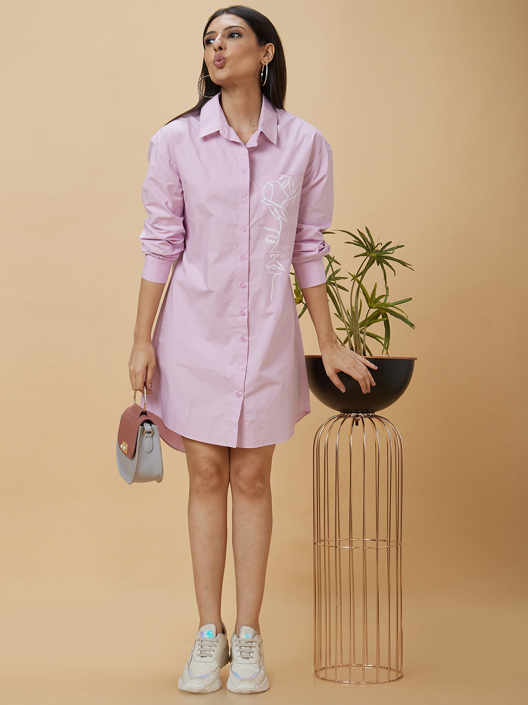 Globus Women Lilac Floral Print Shirt Collar Knee Length Dress
