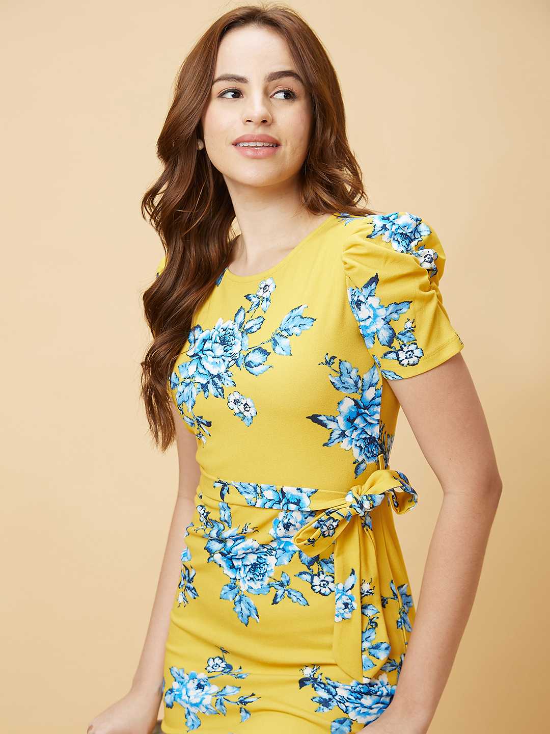 Globus Women Yellow Floral Print Puff Sleeves Round Neck Bodycon Mini Dress