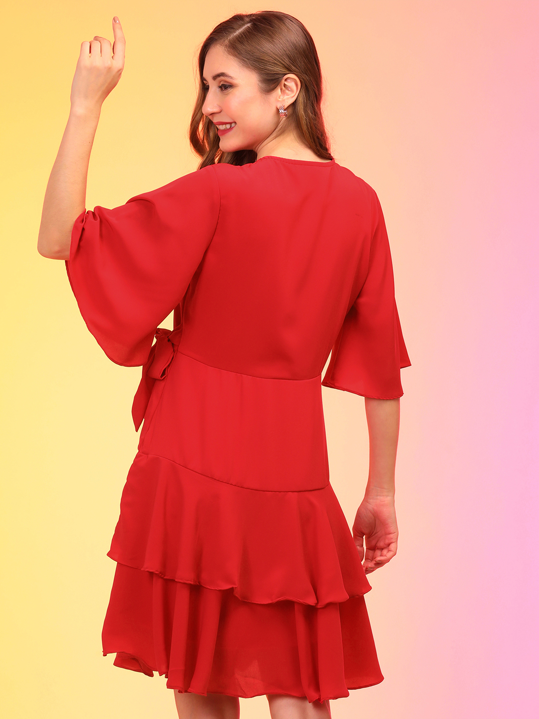 Globus Women Red Wrap Neck Ruffle Asymmetric Party Dress