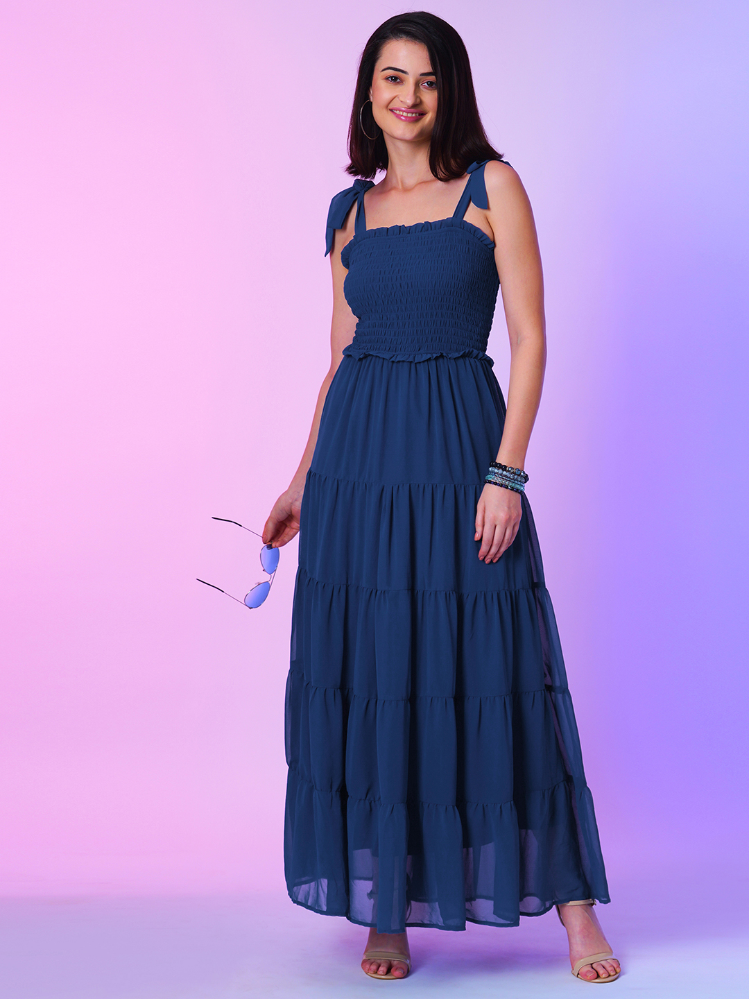 Globus Women Blue Fit & Flare Tie-Up Maxi Dress