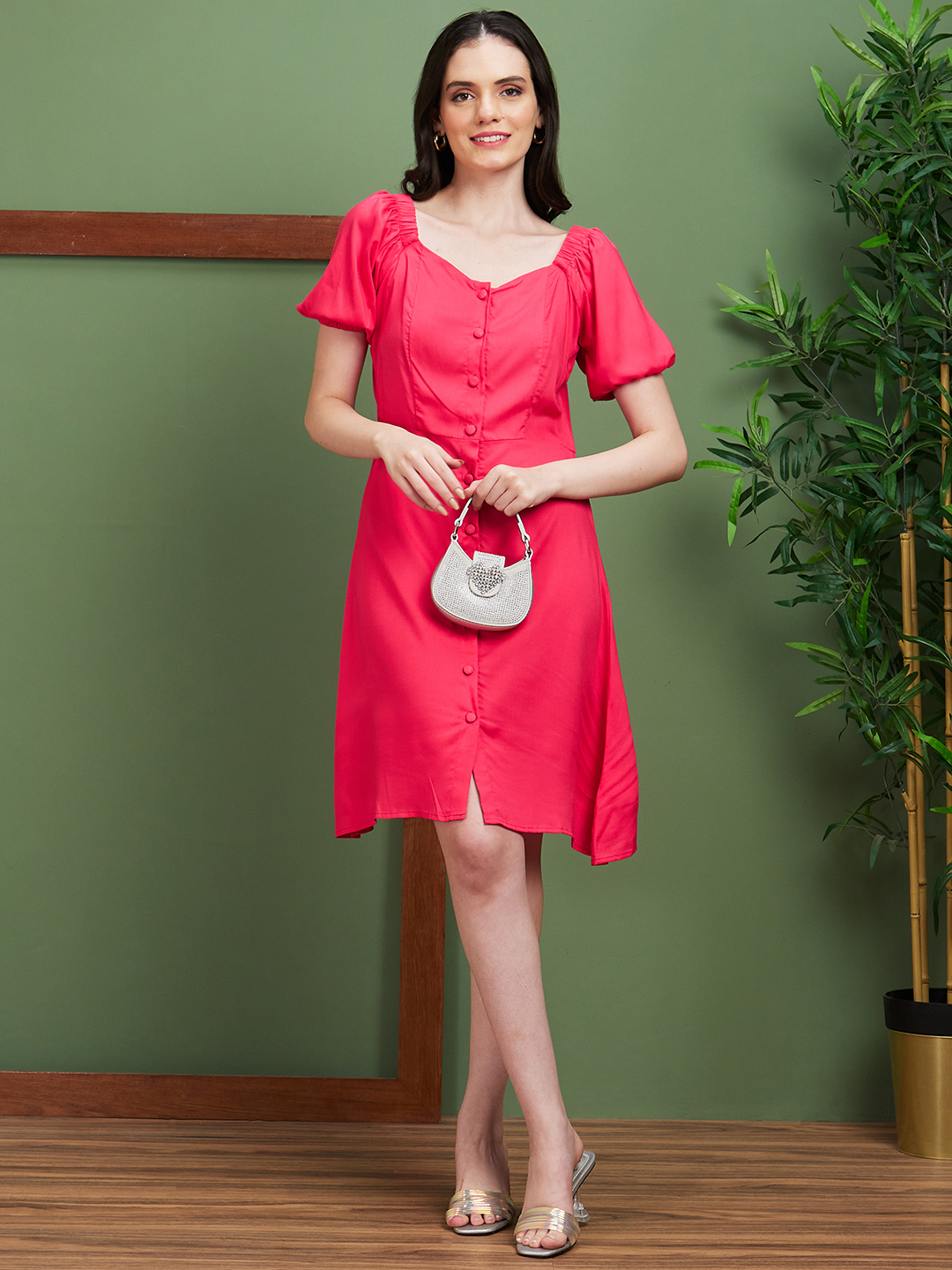 Globus Women Pink Solid Sweetheart Neck A-Line Casual Dress