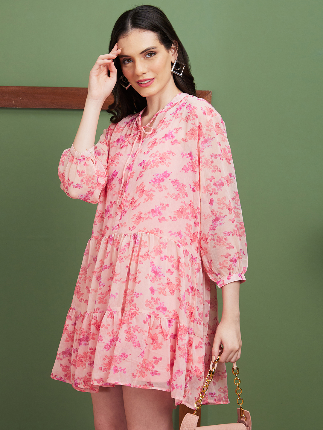 Globus Women Pink Floral Print Polyester Mandarin Collar A-Line Casual Dress