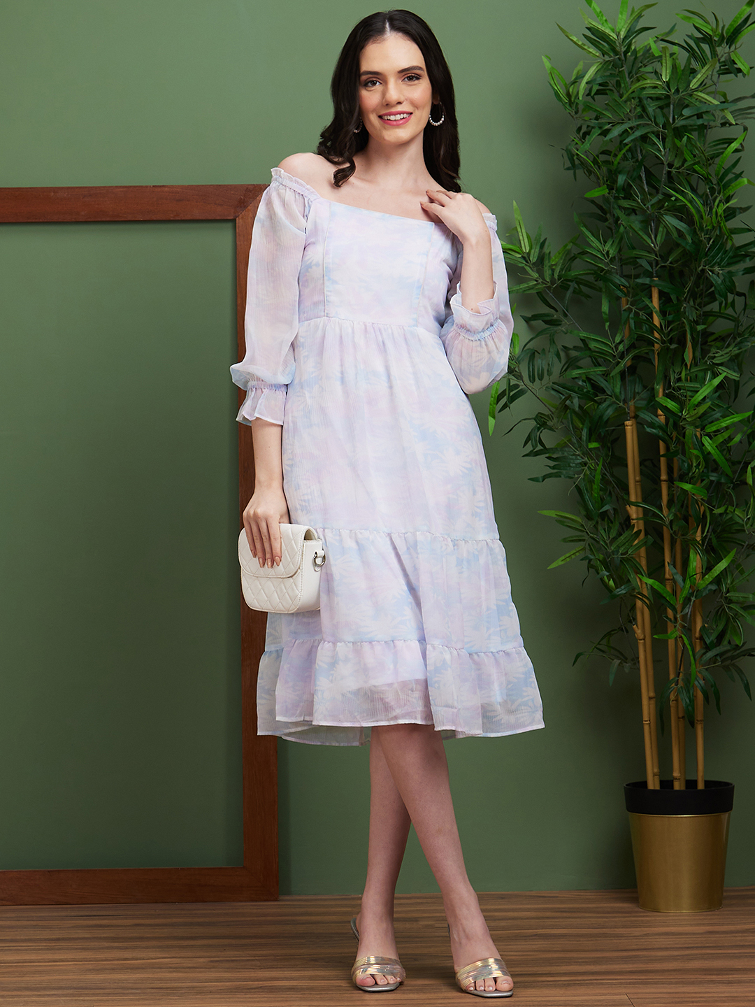 Globus Women Blue Floral Print Polyester Off-Shoulder Fit & Flare Casual Dress