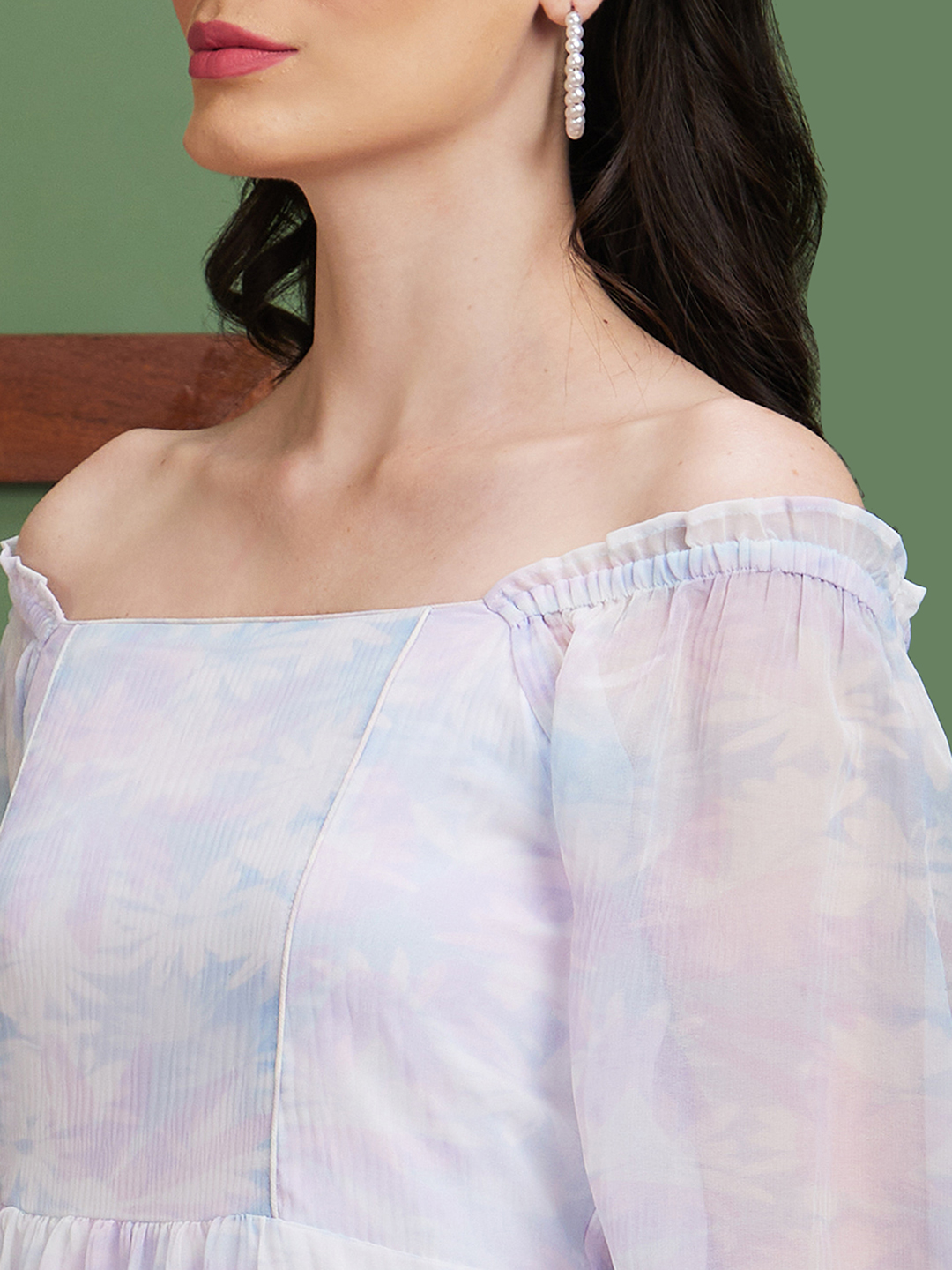 Globus Women Blue Floral Print Polyester Off-Shoulder Fit & Flare Casual Dress