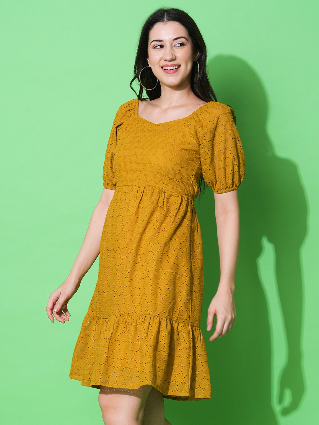 Globus Women Mustard A-Line Schiffli Dress