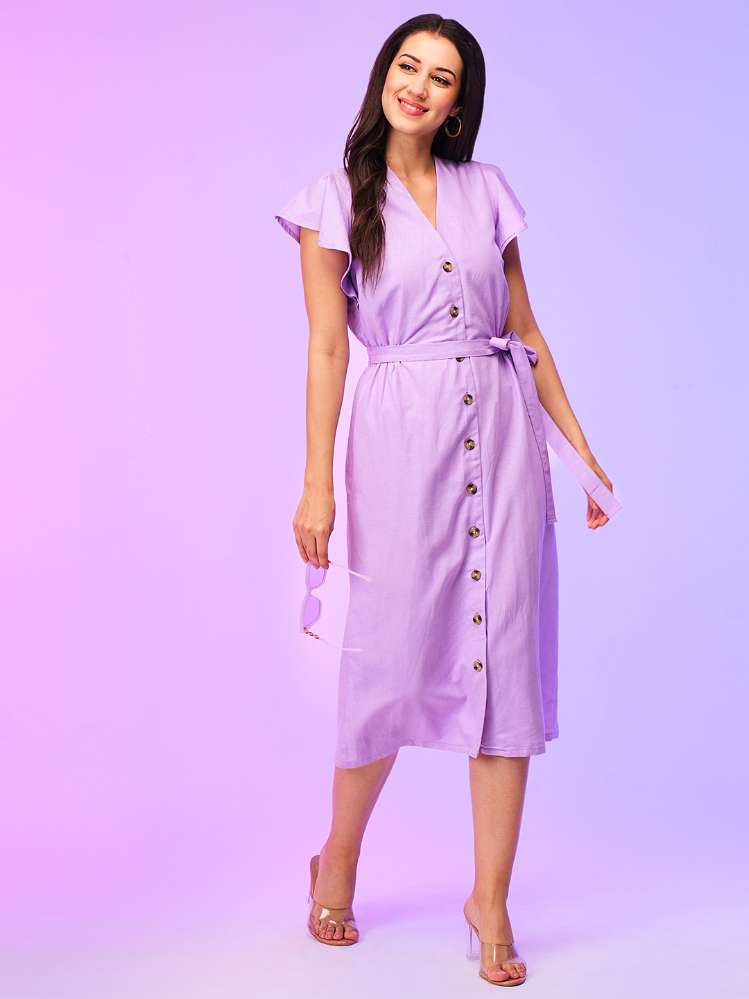 Globus Women Lavender A-Line Summer Midi Dress With Belt Tie-Up