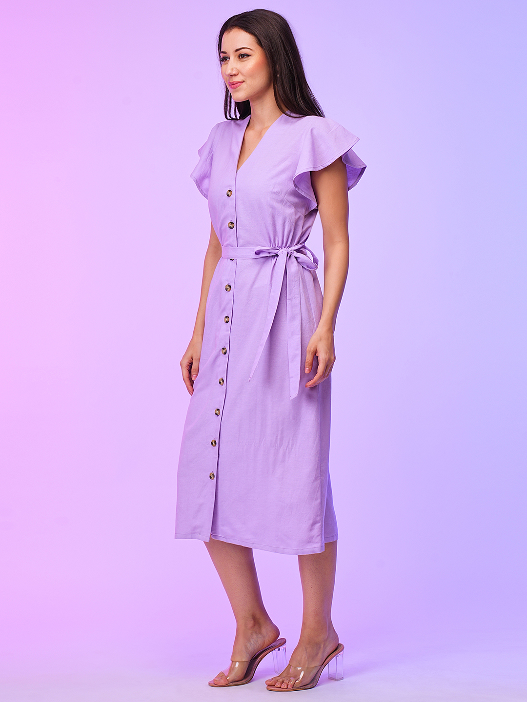 Globus Women Lavender A-Line Summer Midi Dress With Belt Tie-Up
