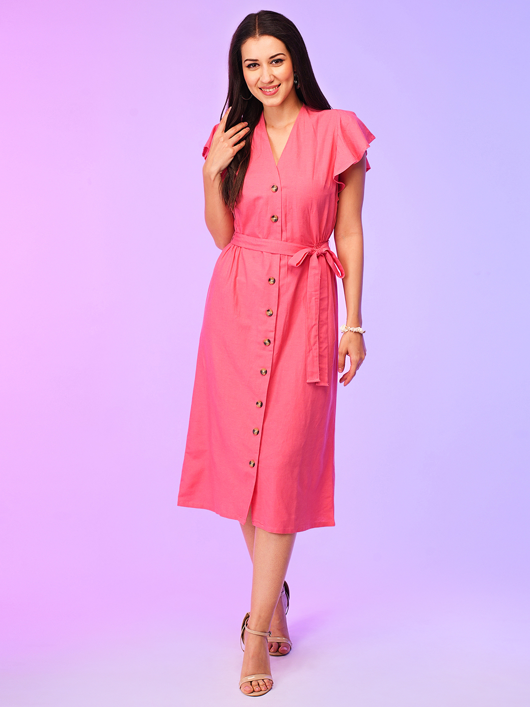 Globus Women Coral A-Line Summer Midi Dress With Belt Tie-Up