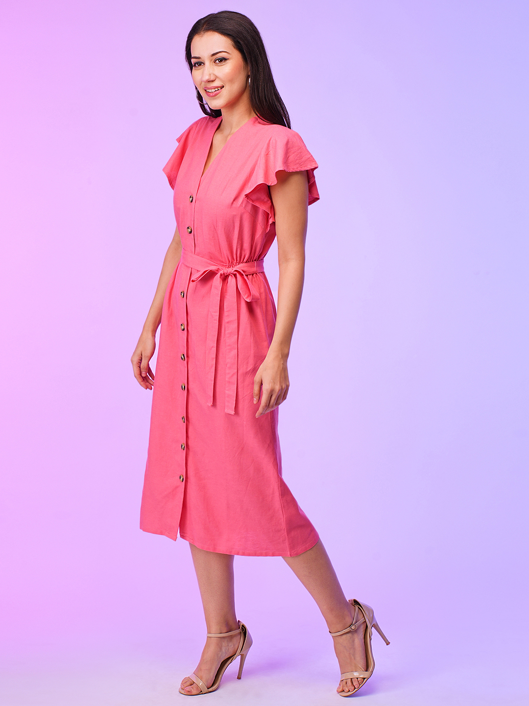 Globus Women Coral A-Line Summer Midi Dress With Belt Tie-Up