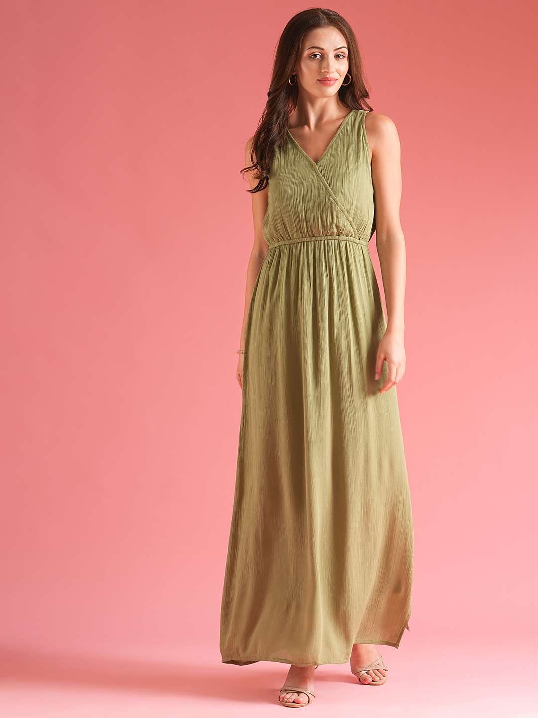 Globus Women Green Fit & Flare Maxi Wrap Dress