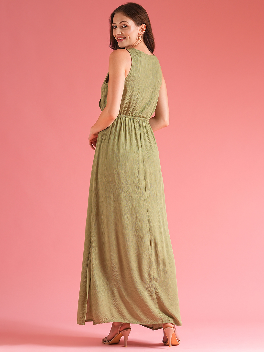 Globus Women Green Fit & Flare Maxi Wrap Dress
