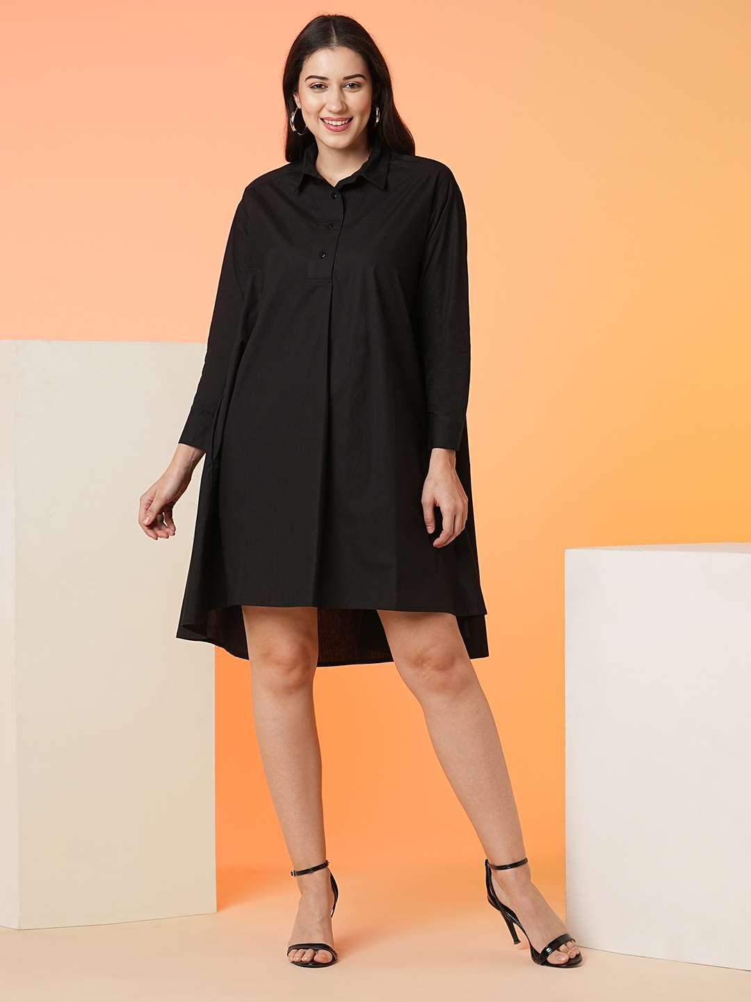 Globus Women Black Asymmetric Hem Loose Fit A-Line Dress