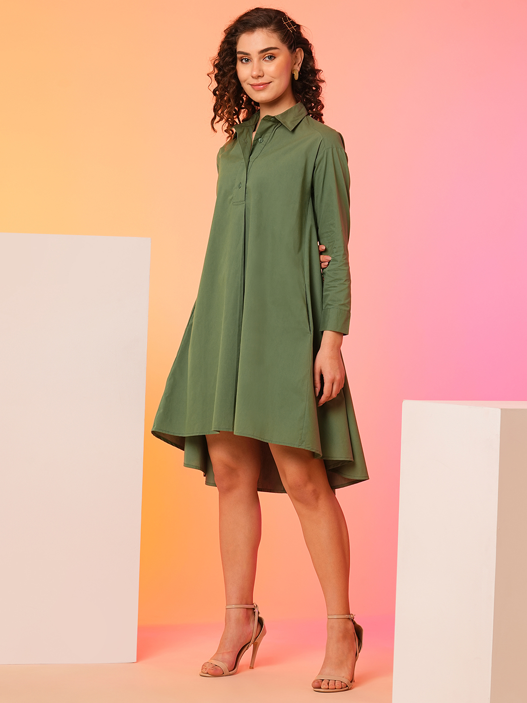 Globus Women Olive Asymmetric Loose Fit A-Line Dress