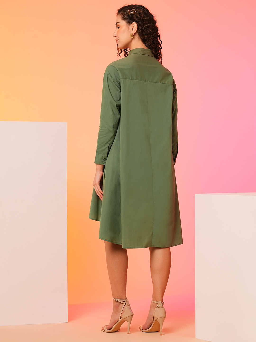 Globus Women Olive Asymmetric Loose Fit A-Line Dress