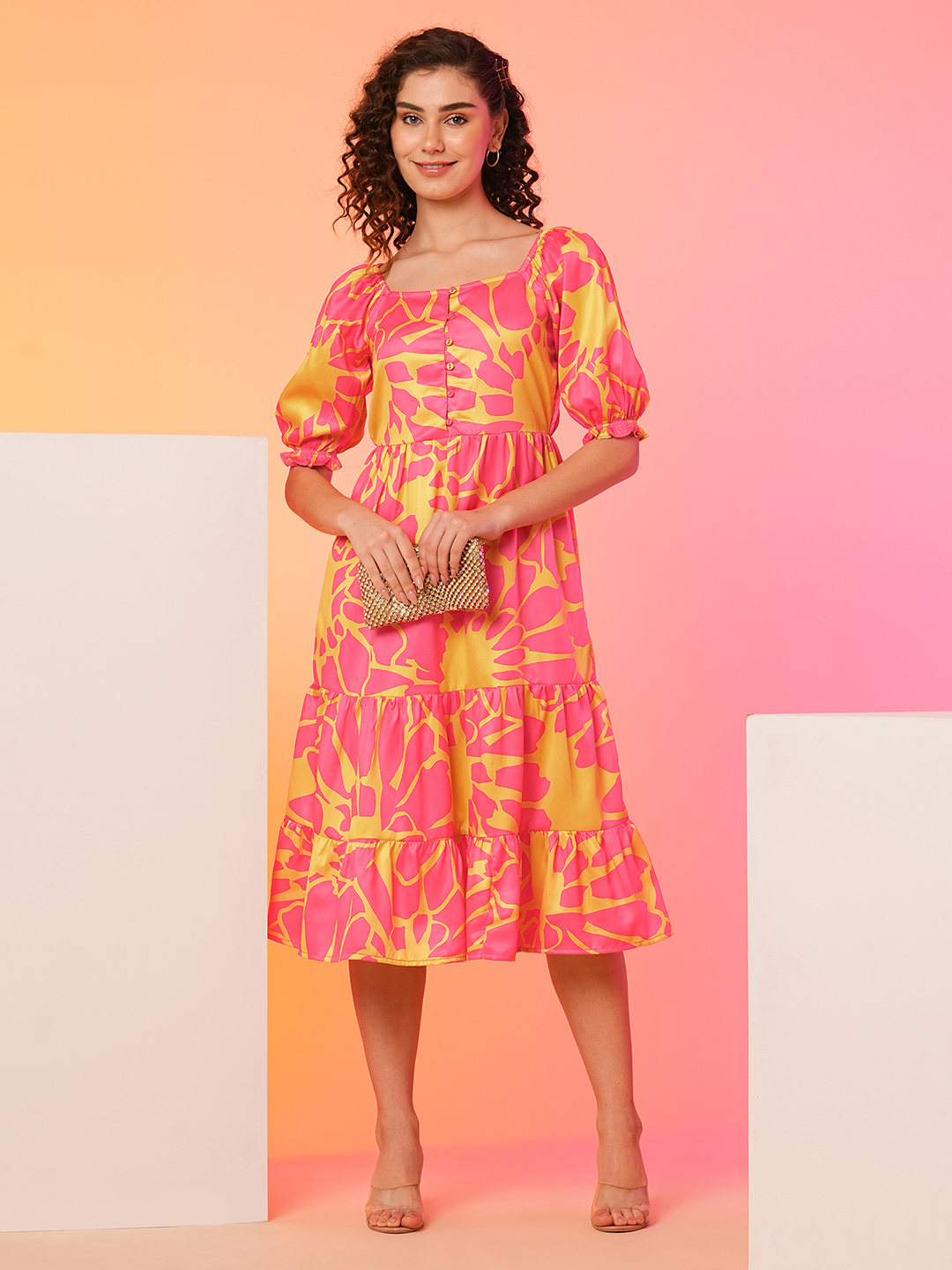 Globus Women Pink Floral Puff Sleeve Fit and Flare Midi Dress