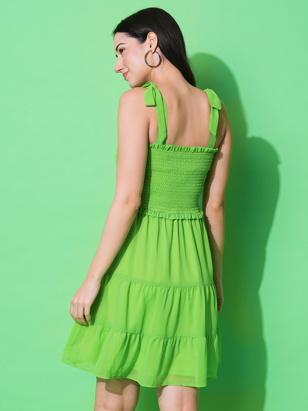 Globus Women Green Strappy Shoulder Fit & Flare Tiered Dress