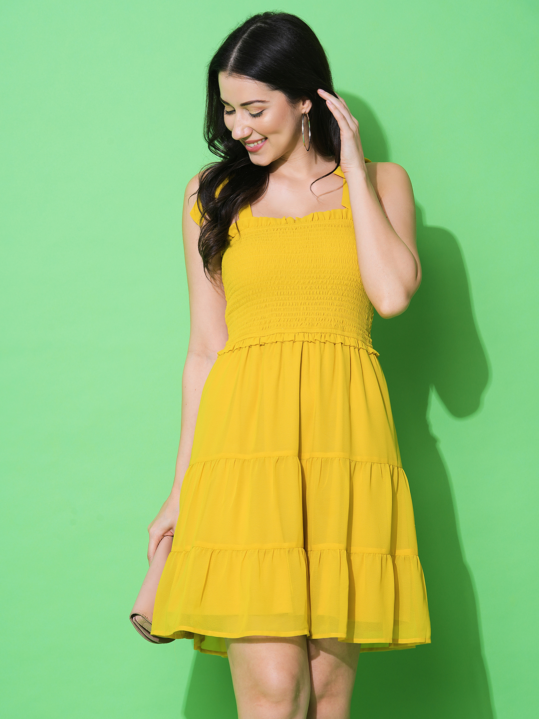 Globus Women Yellow Strappy Shoulder Fit & Flare Tiered Dress