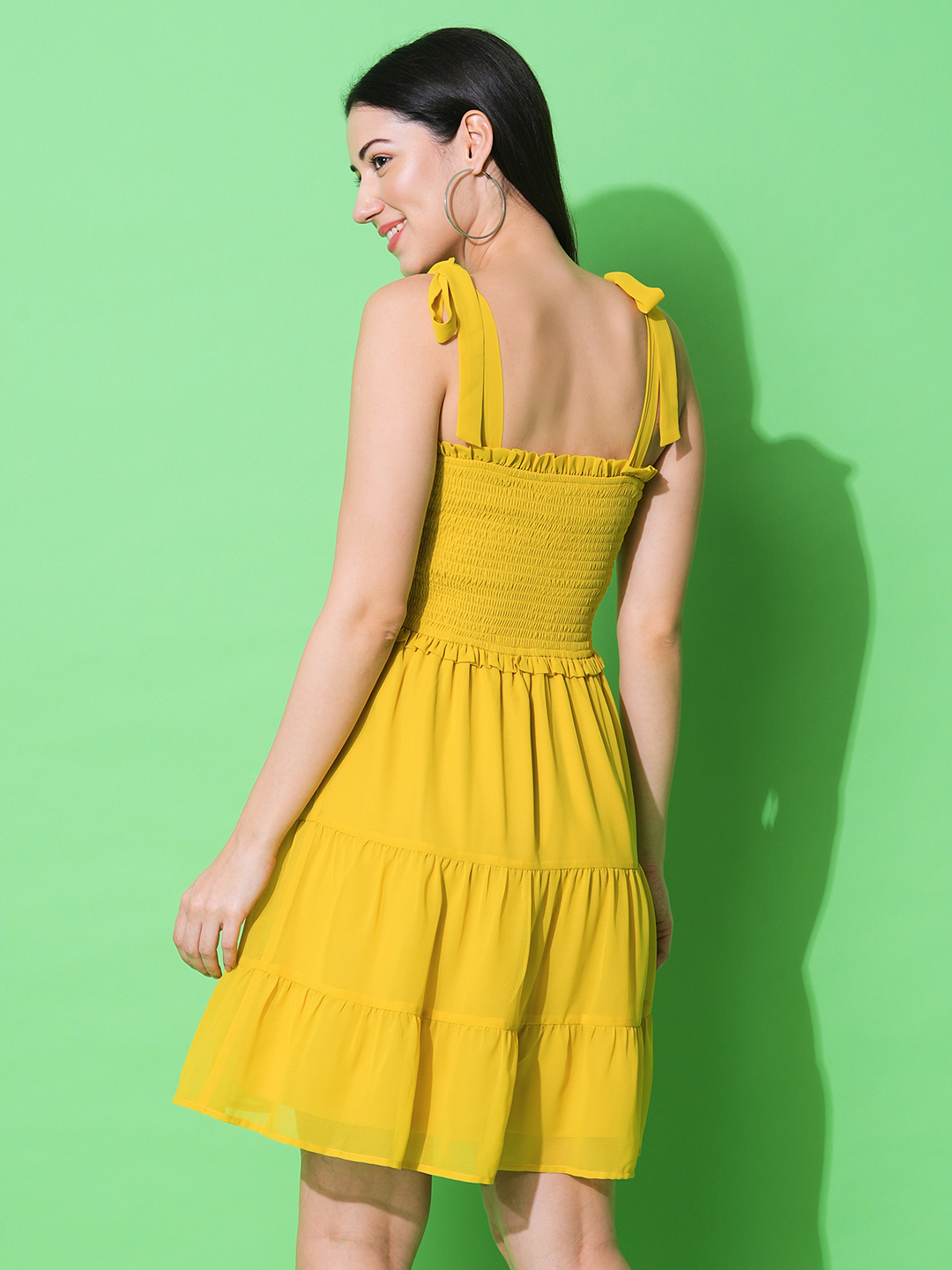 Globus Women Yellow Strappy Shoulder Fit & Flare Tiered Dress