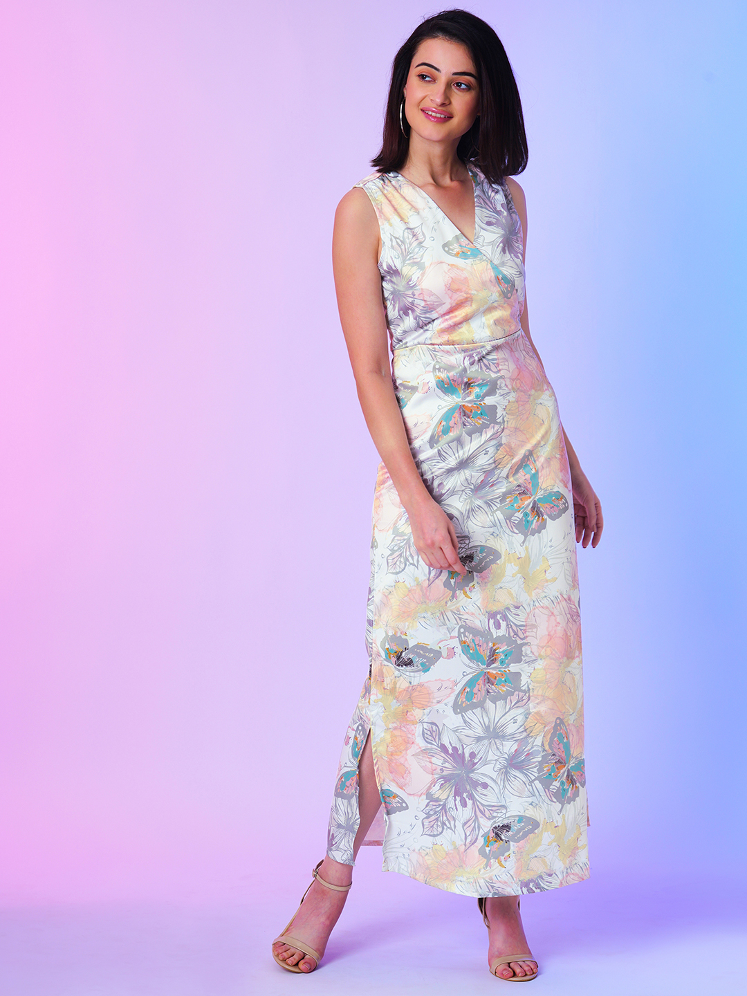 Globus Women Cream Floral Print Front Wrap A-line Dress
