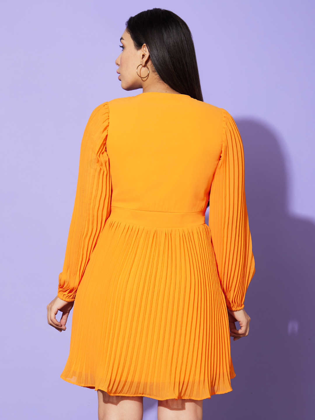 Globus Women Orange Solid V-Neck Bishop Sleeves Fit & Flare Casual Dress