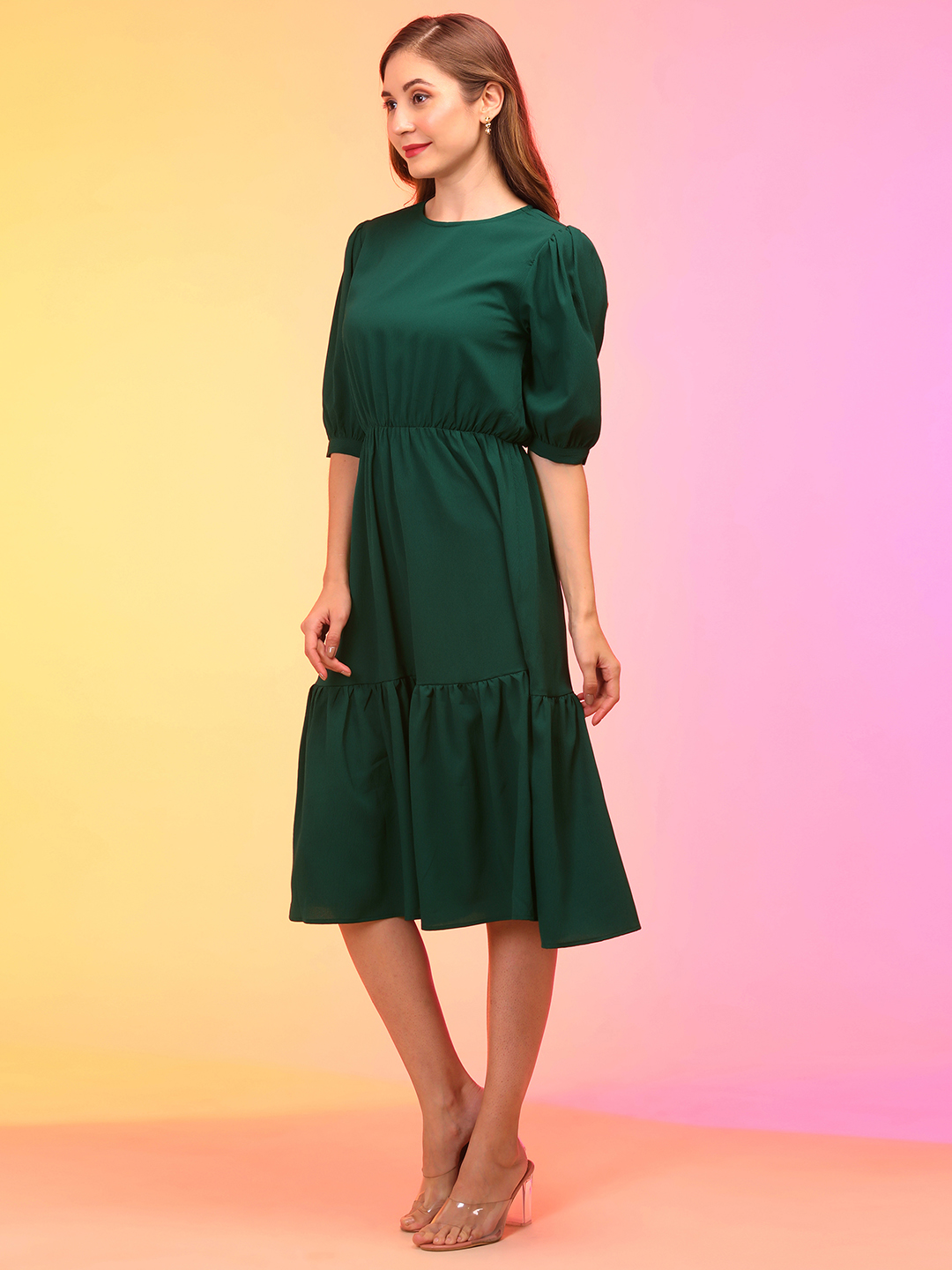 Globus Women Green Puff Sleeve Fit & Flare Midi Dress