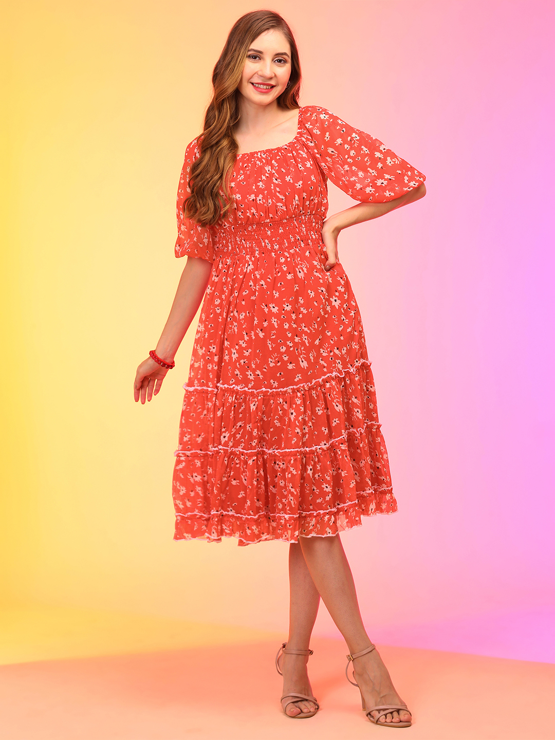 Globus Women Red Floral Puff Sleeve Fit & Flare Midi Dress