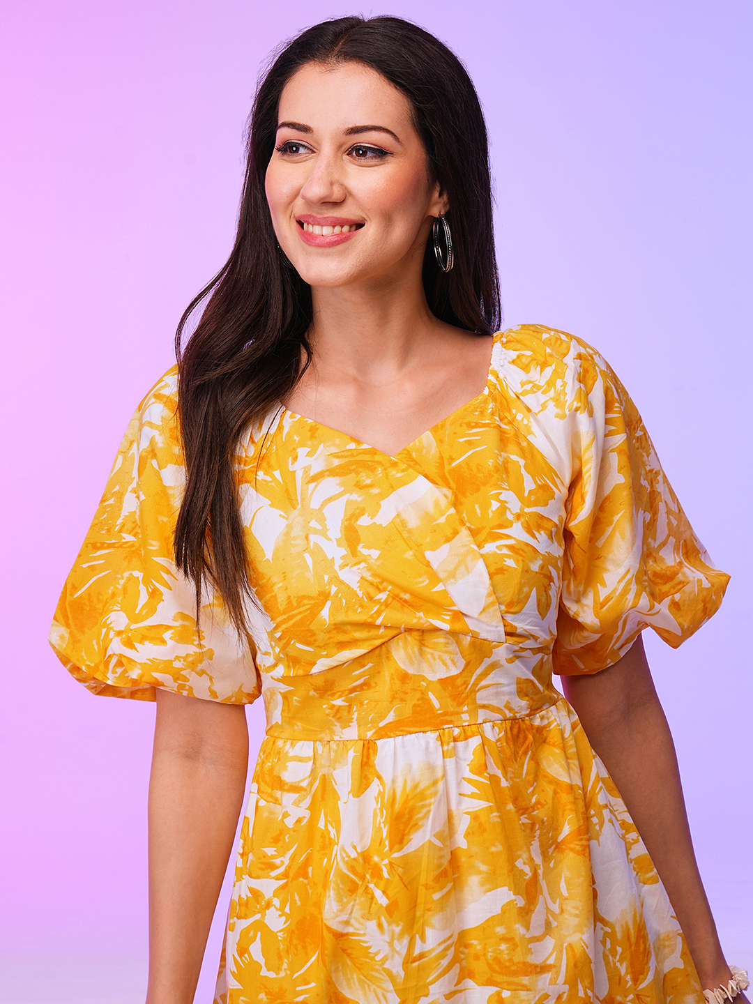 Globus Women Yellow Wrap Neck Floral Fit & Flare Summer Dress