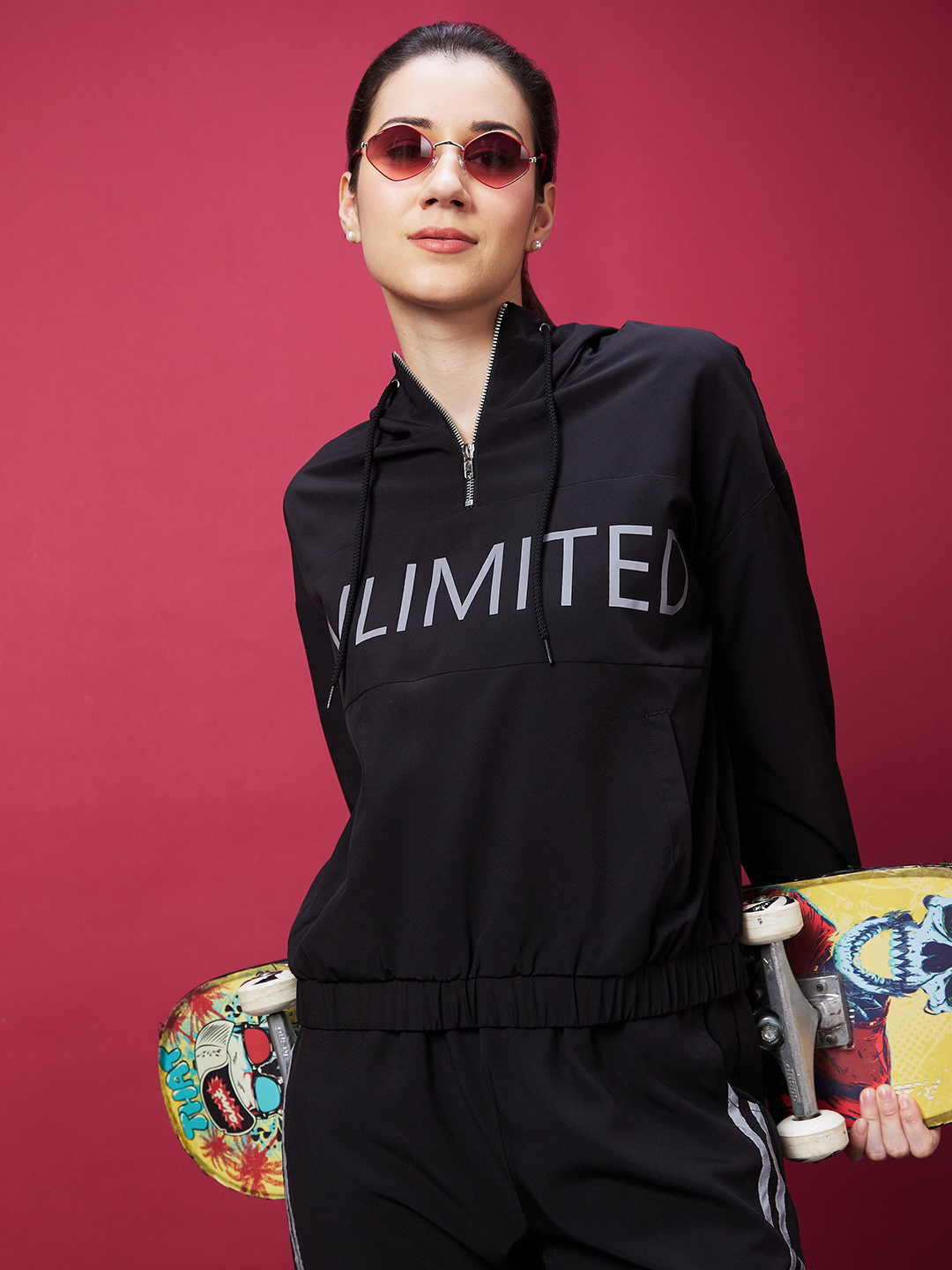Globus Women Black Typography Print Long Sleeves Hooded Bomber Jacket