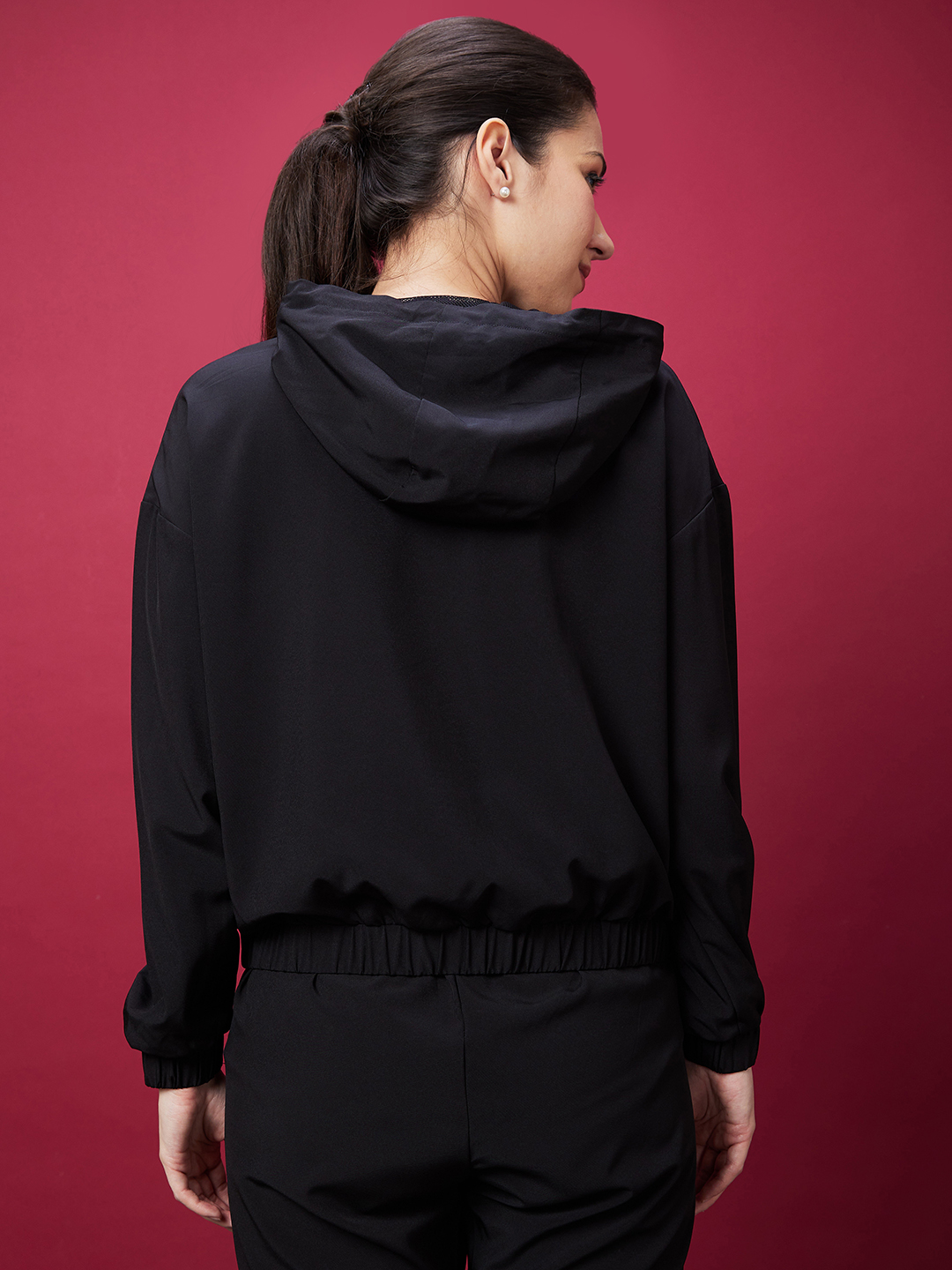 Globus Women Black Typography Print Long Sleeves Hooded Bomber Jacket