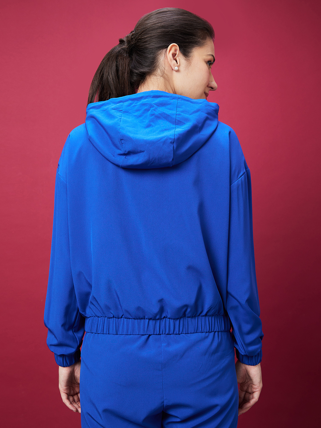 Globus Women Blue Typography Print Long Sleeves Hooded Bomber Jacket