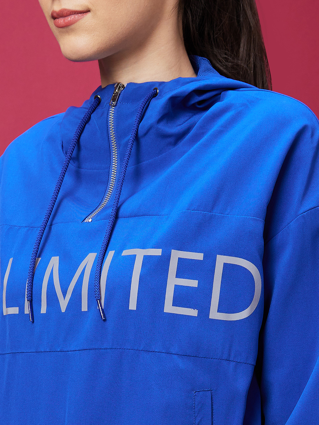 Globus Women Blue Typography Print Long Sleeves Hooded Bomber Jacket