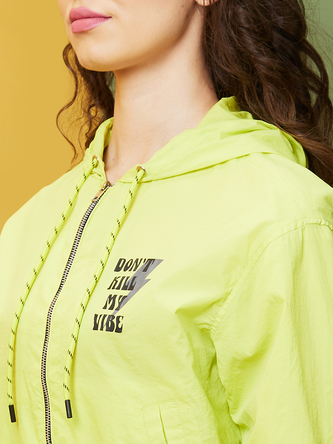 Globus Women Neon Yellow Hooded Neck Typography Print Casual Jacket