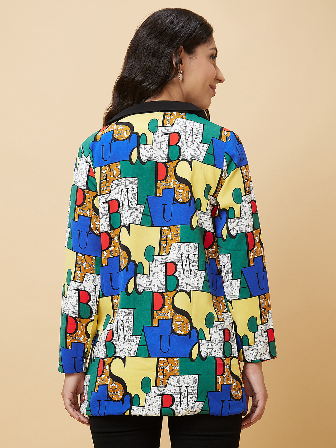Globus Women Multicolor Typographic Print Lapel Collar Casual Open Front Blazer Jacket